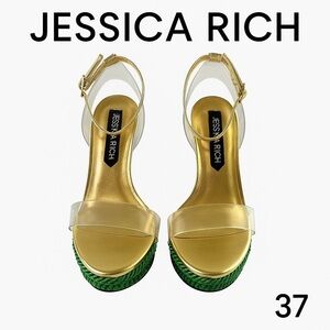 Jessica Rich Gold & Green Platform Heels – Clear Strap Stiletto – Size 37 (US 7)